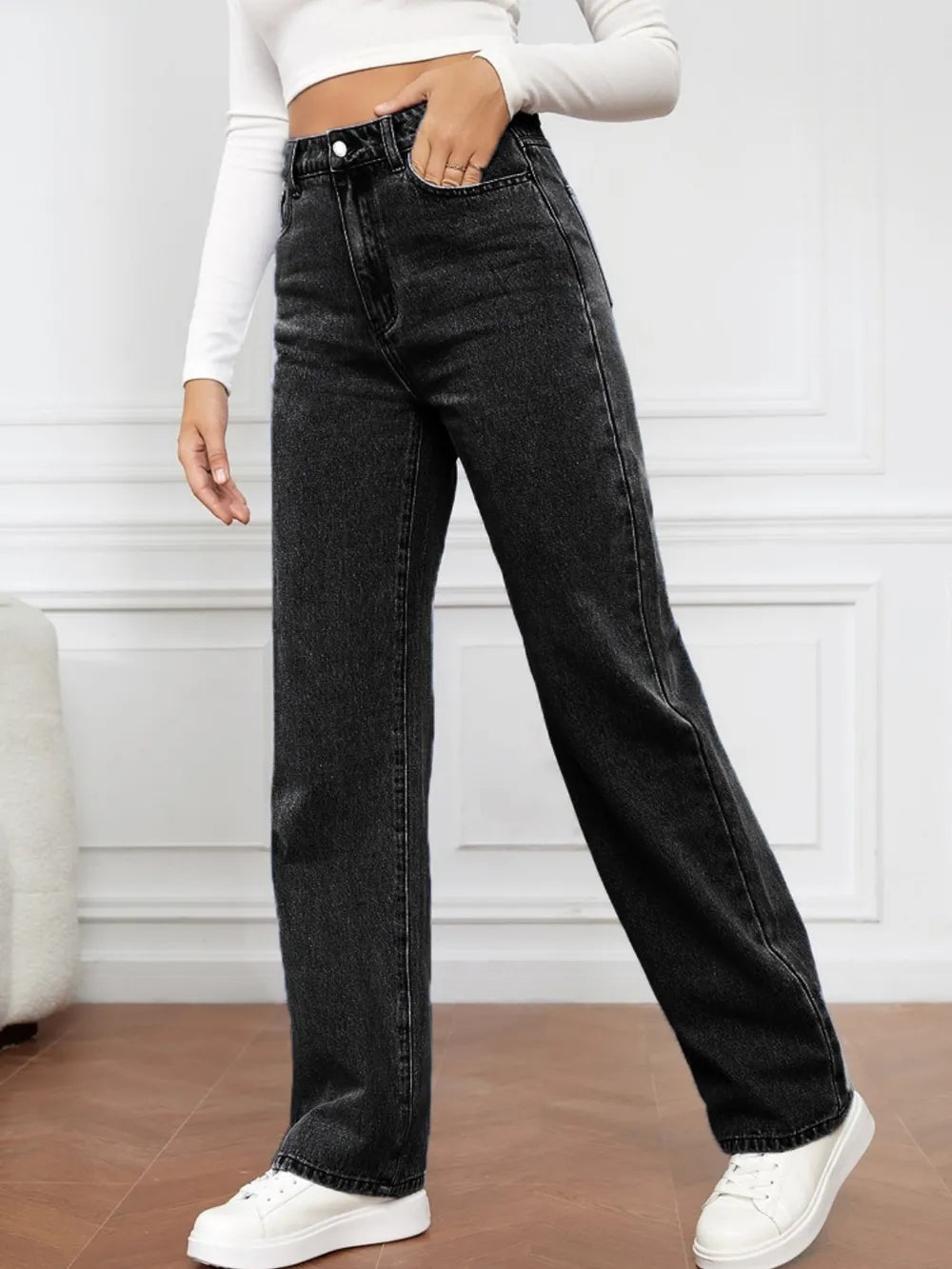 Washed denim fashionable straight leg pants long high waisted jeans pants for women