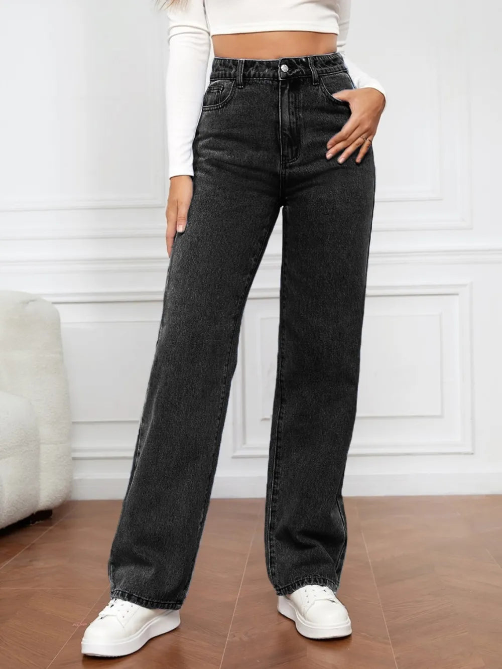Washed denim fashionable straight leg pants long high waisted jeans pants for women