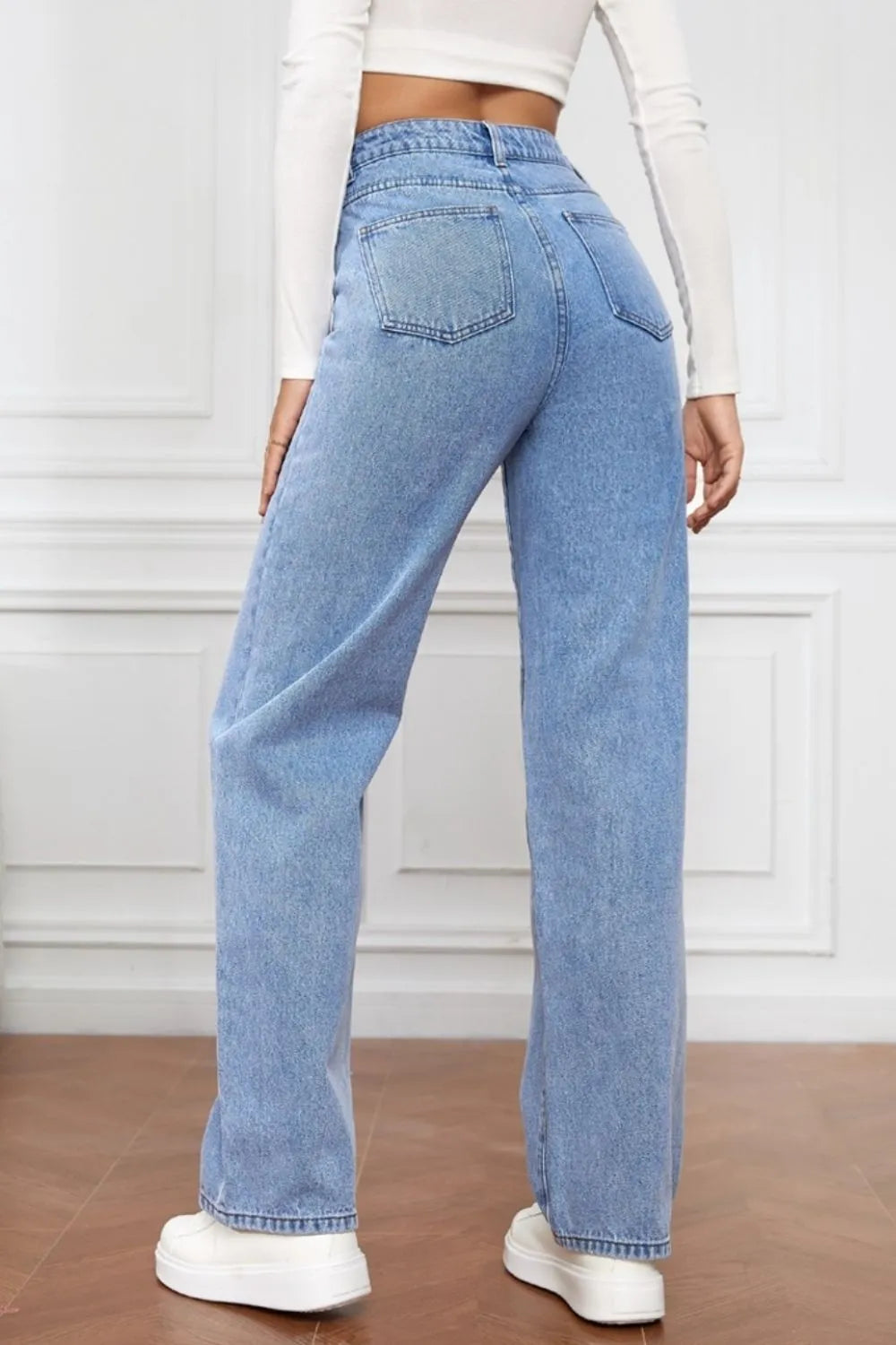Washed denim fashionable straight leg pants long high waisted jeans pants for women