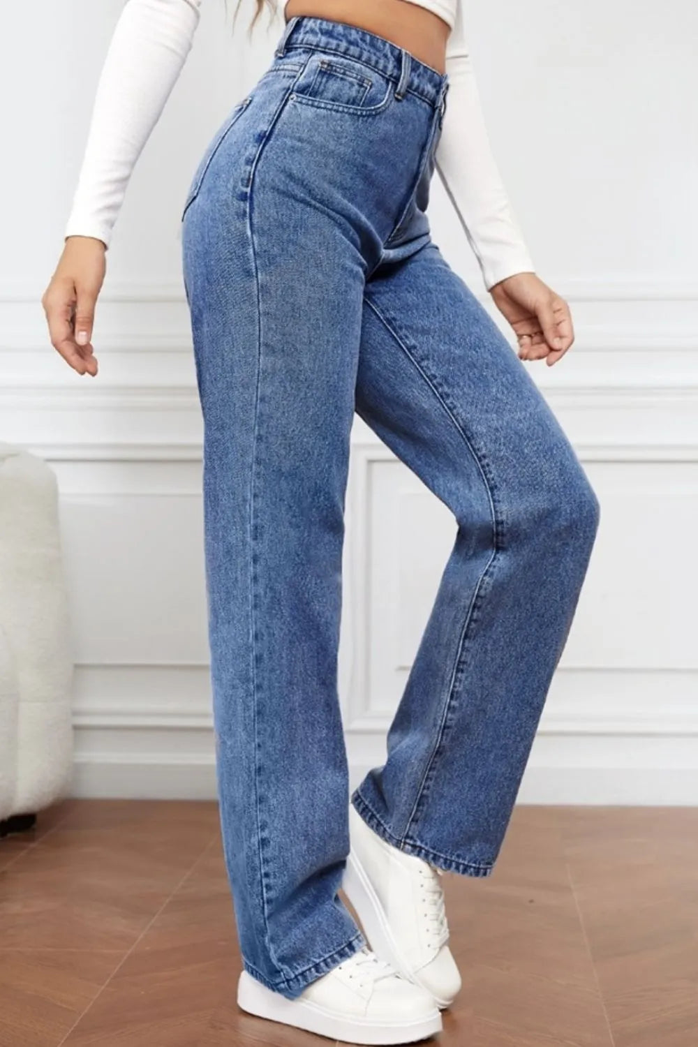 Washed denim fashionable straight leg pants long high waisted jeans pants for women