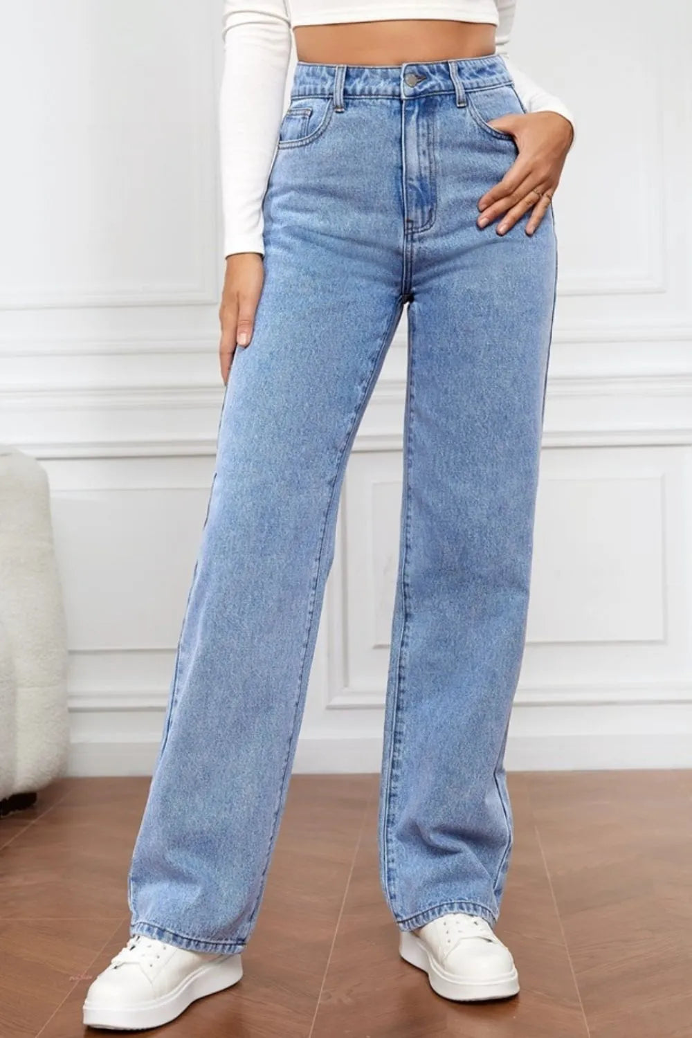 Washed denim fashionable straight leg pants long high waisted jeans pants for women