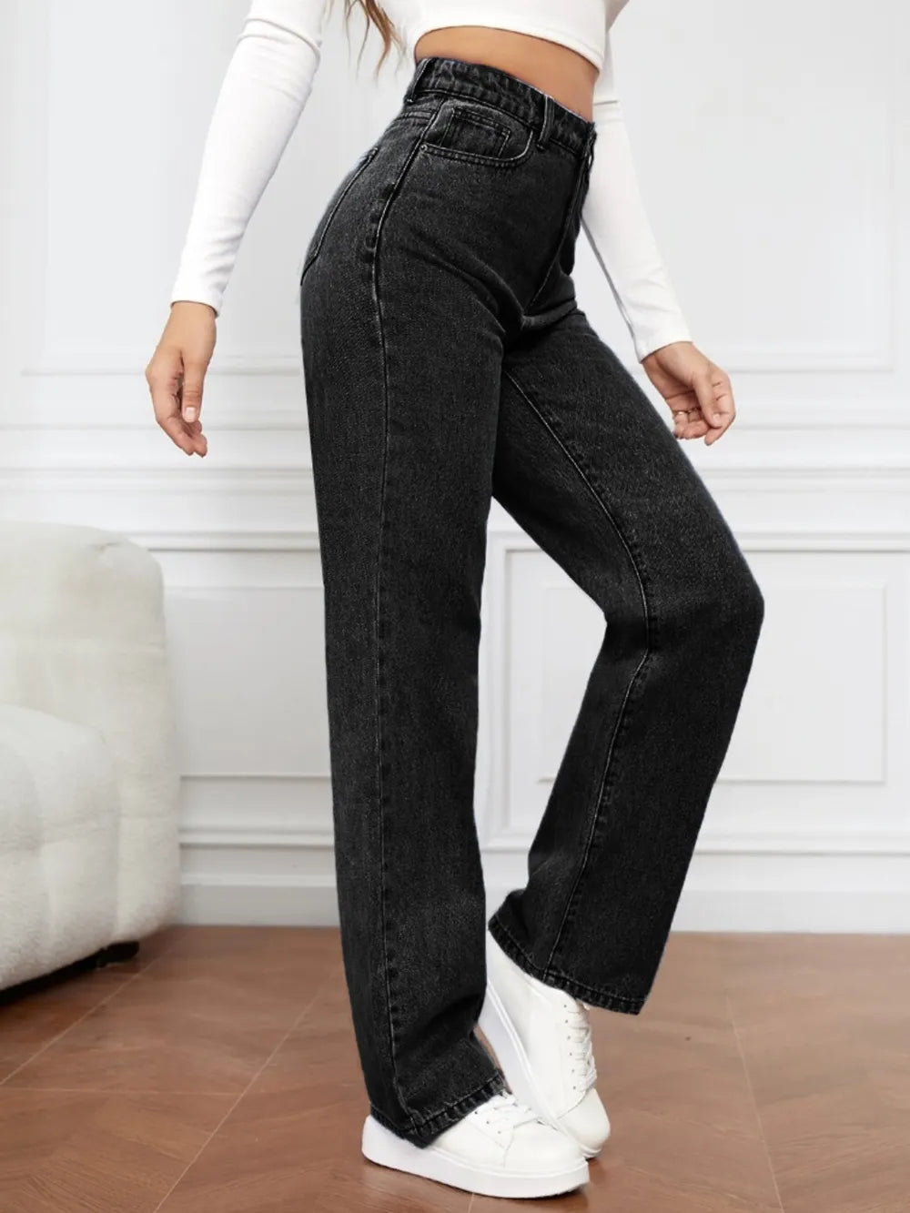 Washed denim fashionable straight leg pants long high waisted jeans pants for women
